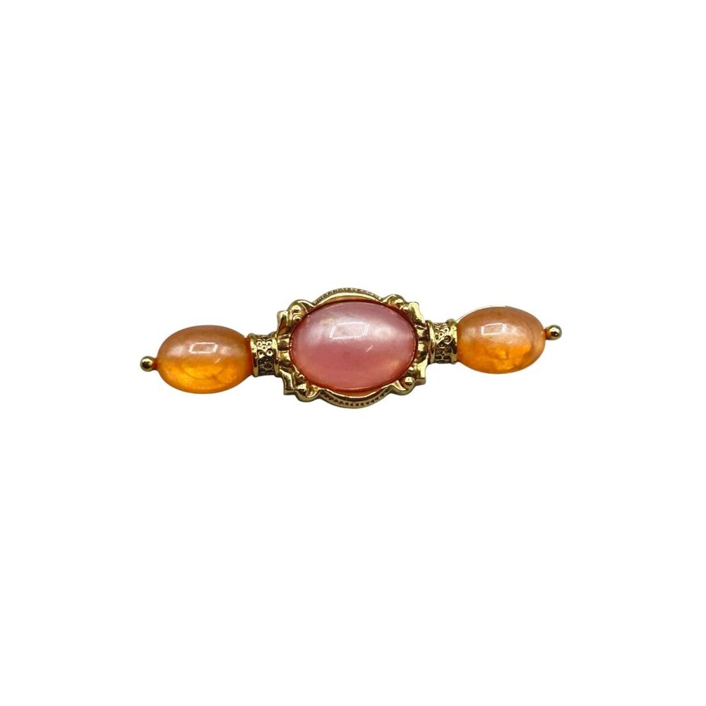 Vintage 1928 Brand Pin Brooch Bar Pin Pink Orange Cabochons And Gold Tone